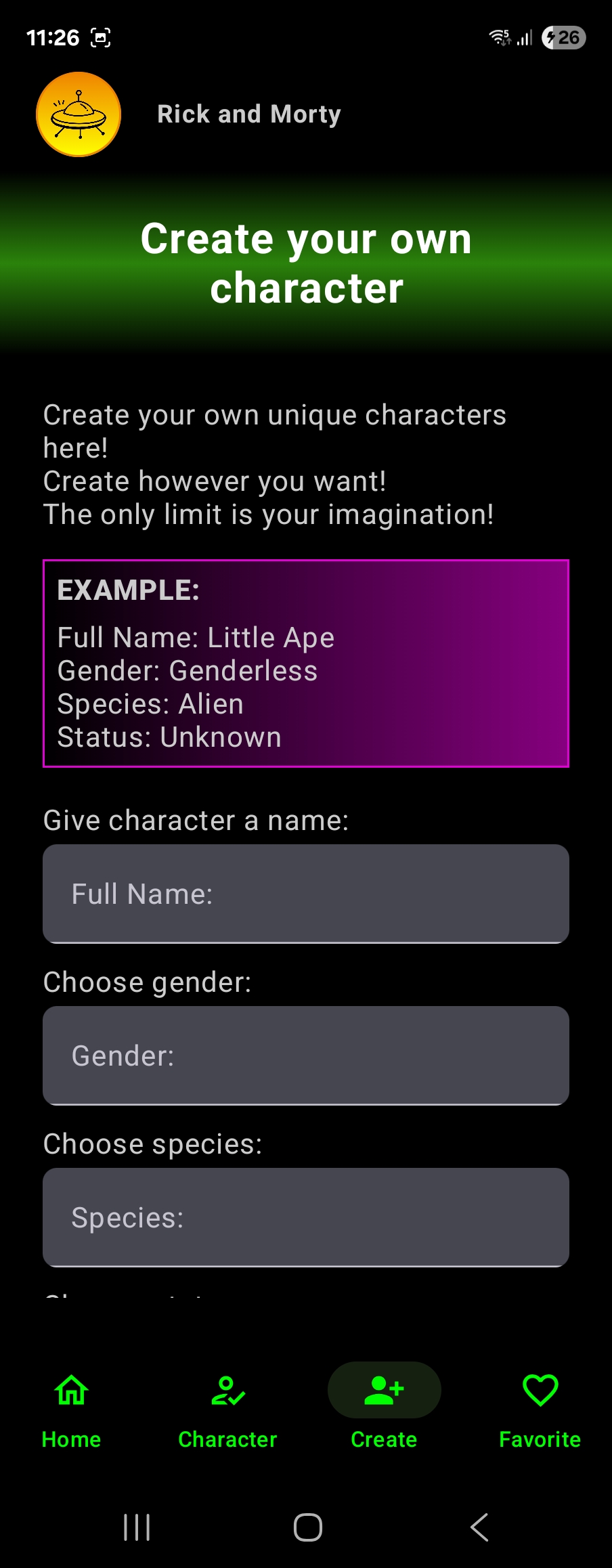 Rick and Morty app - create character screen