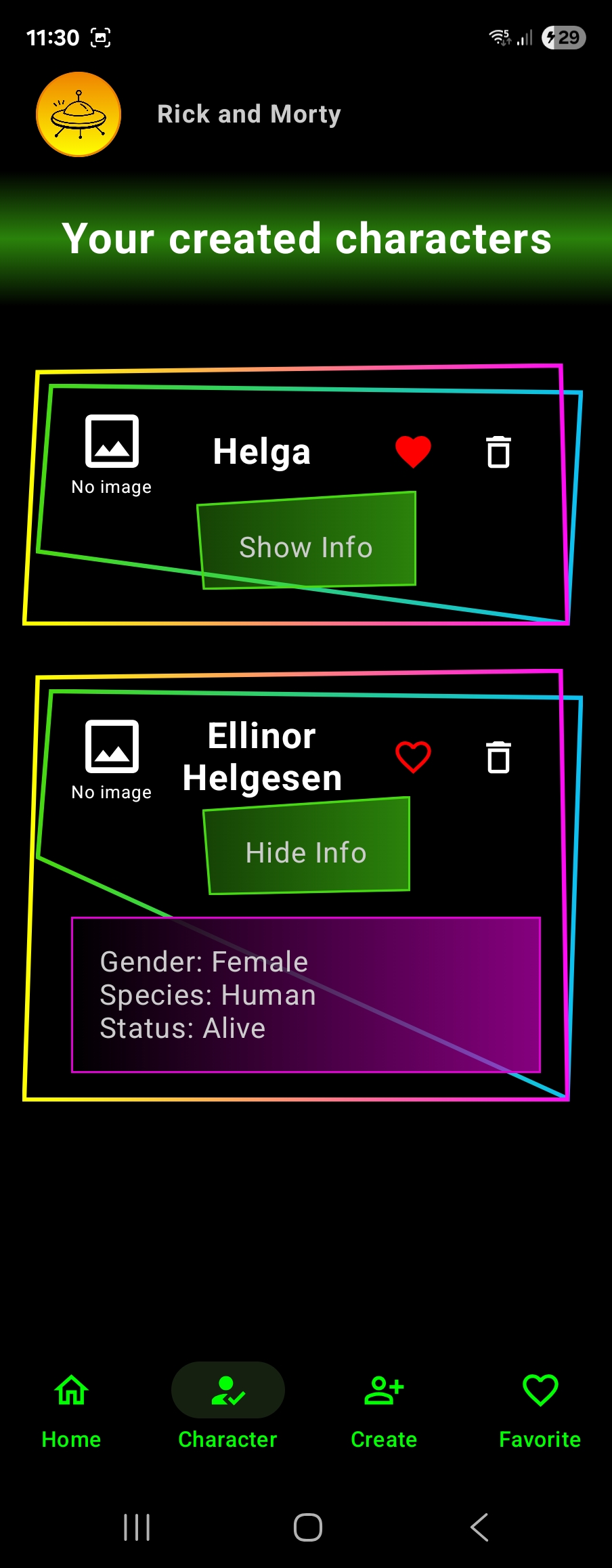 Rick and Morty app - costum made character screen