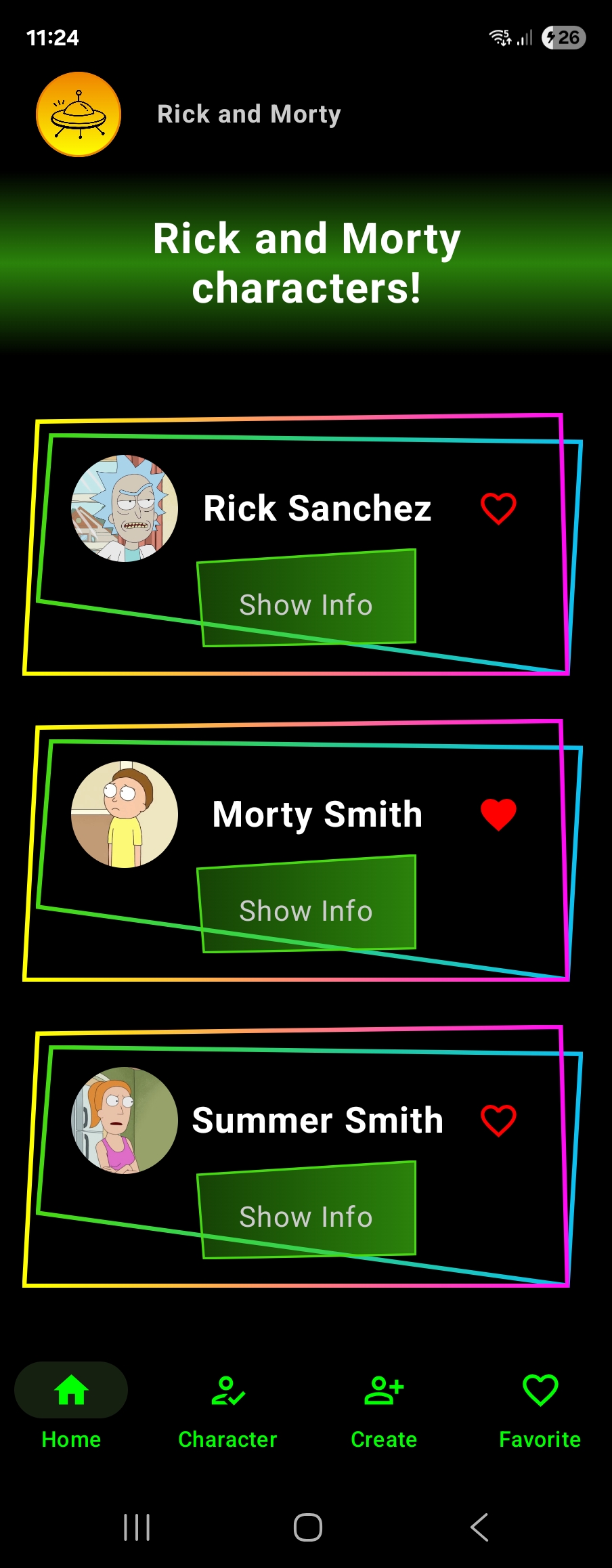 Rick and Morty app - home screen